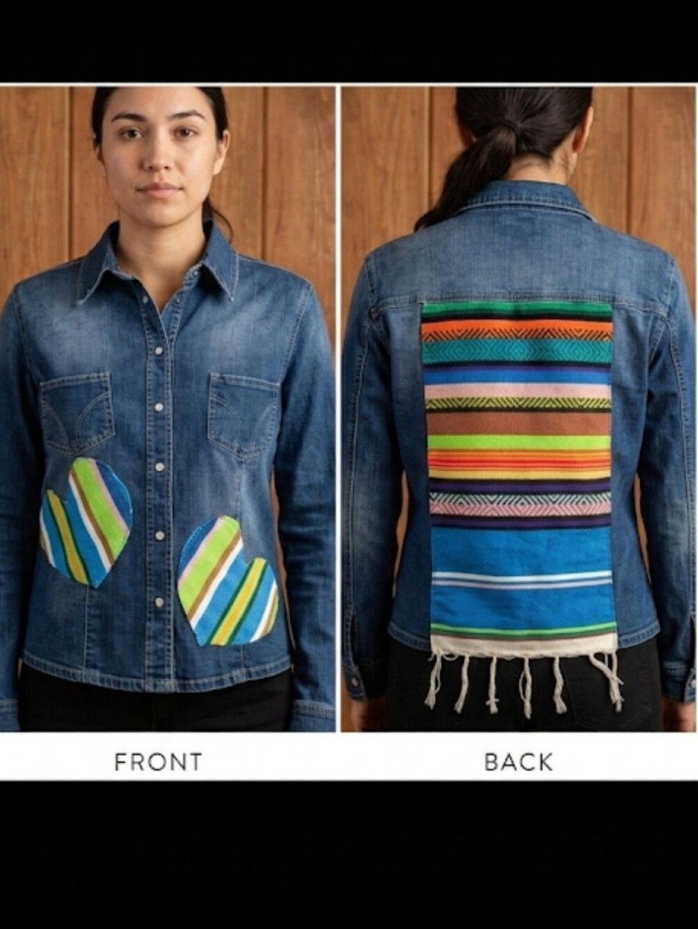 Upcycled jean jacket M aztec patch shacket